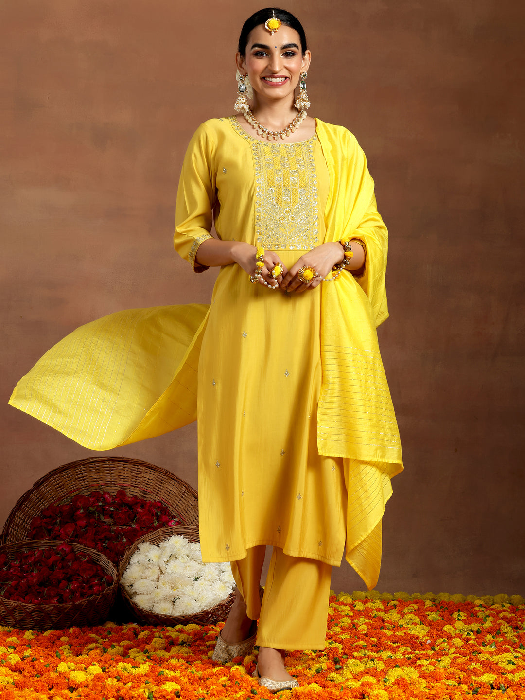 Yellow Yoke Design Silk Blend Straight Suit With Dupatta