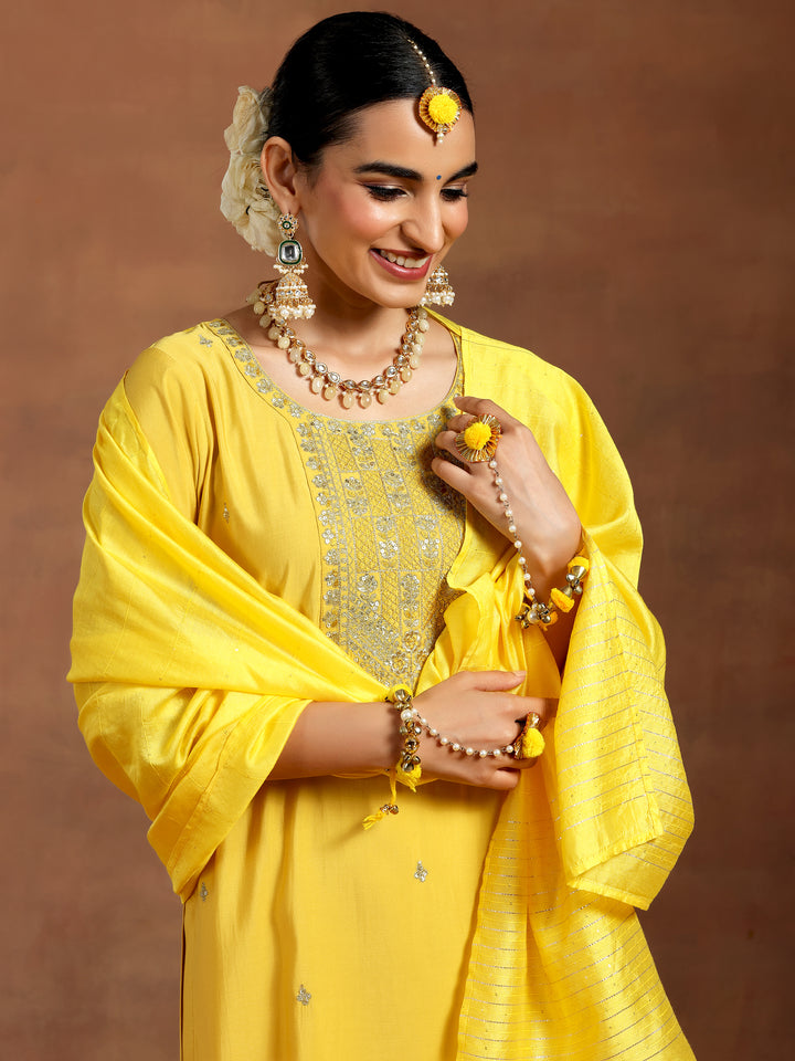 Yellow Yoke Design Silk Blend Straight Suit With Dupatta