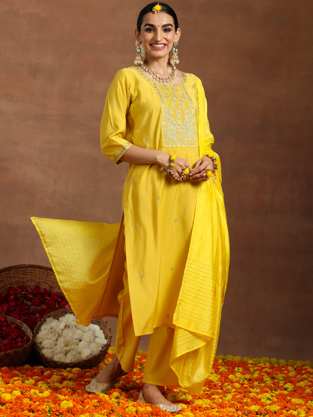 Yellow Yoke Design Silk Blend Straight Suit With Dupatta