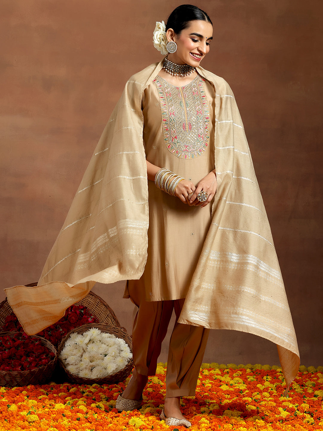 Beige Embroidered Silk Blend Straight Suit With Dupatta