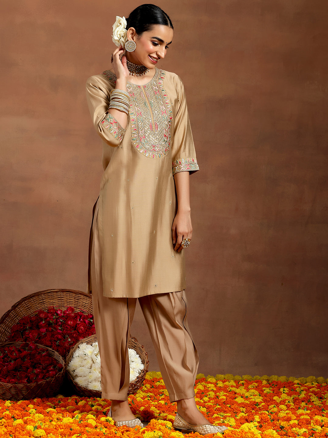 Beige Embroidered Silk Blend Straight Suit With Dupatta