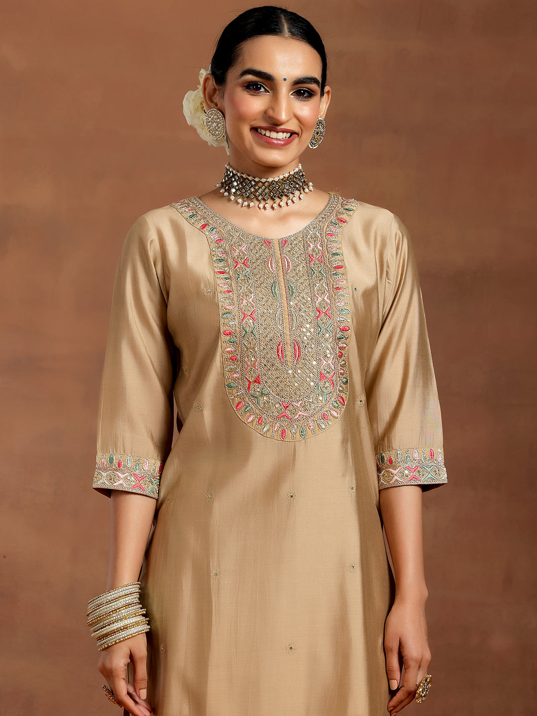 Beige Embroidered Silk Blend Straight Suit With Dupatta