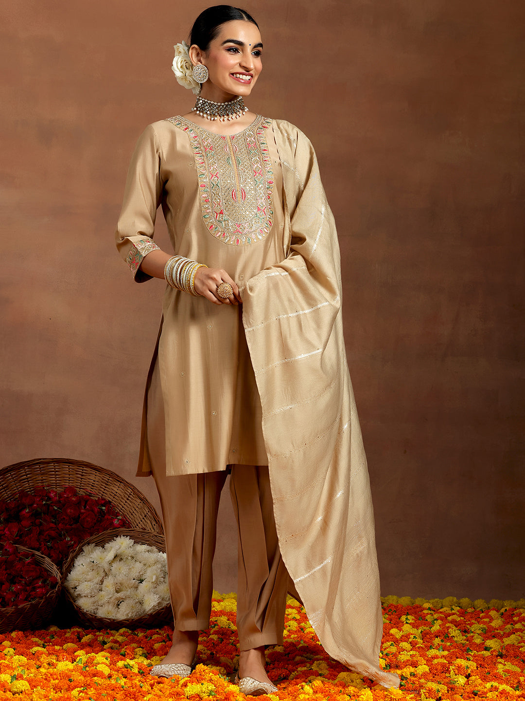 Beige Embroidered Silk Blend Straight Suit With Dupatta