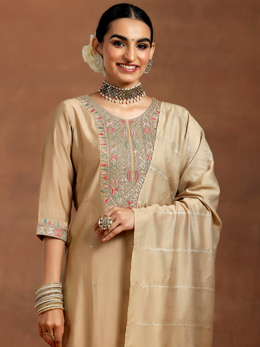 Beige Embroidered Silk Blend Straight Suit With Dupatta