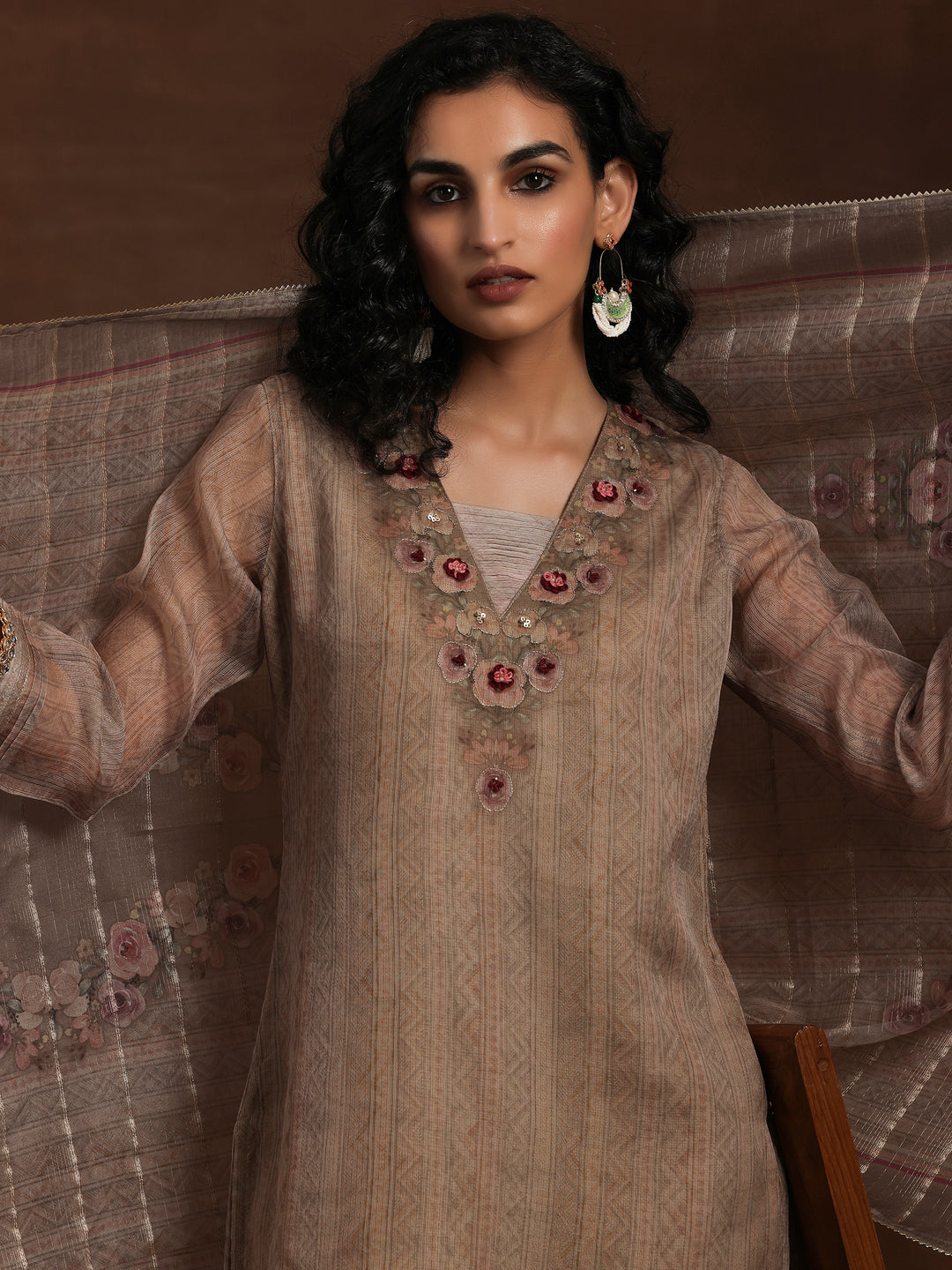 Tan Printed Organza Straight Suit With Dupatta