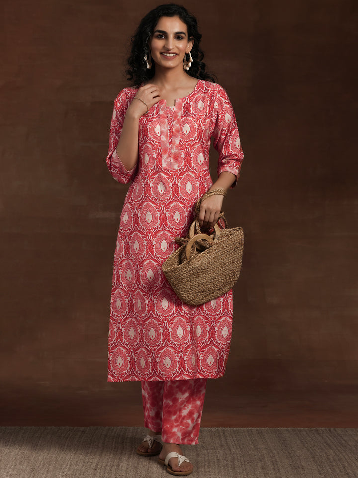 Peach Printed Silk Blend Straight Kurta Set