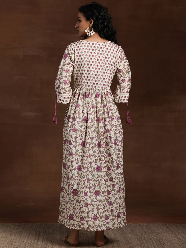 Off White Printed Cotton Fit and Flare Dress