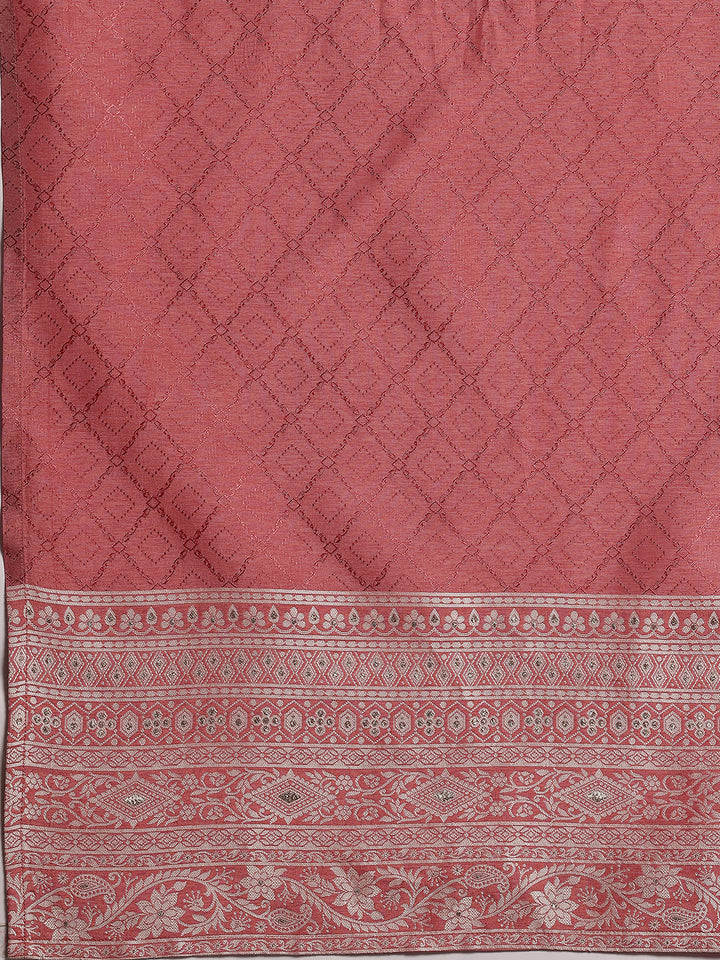 Pink Woven Design Silk Blend Straight Suit With Dupatta