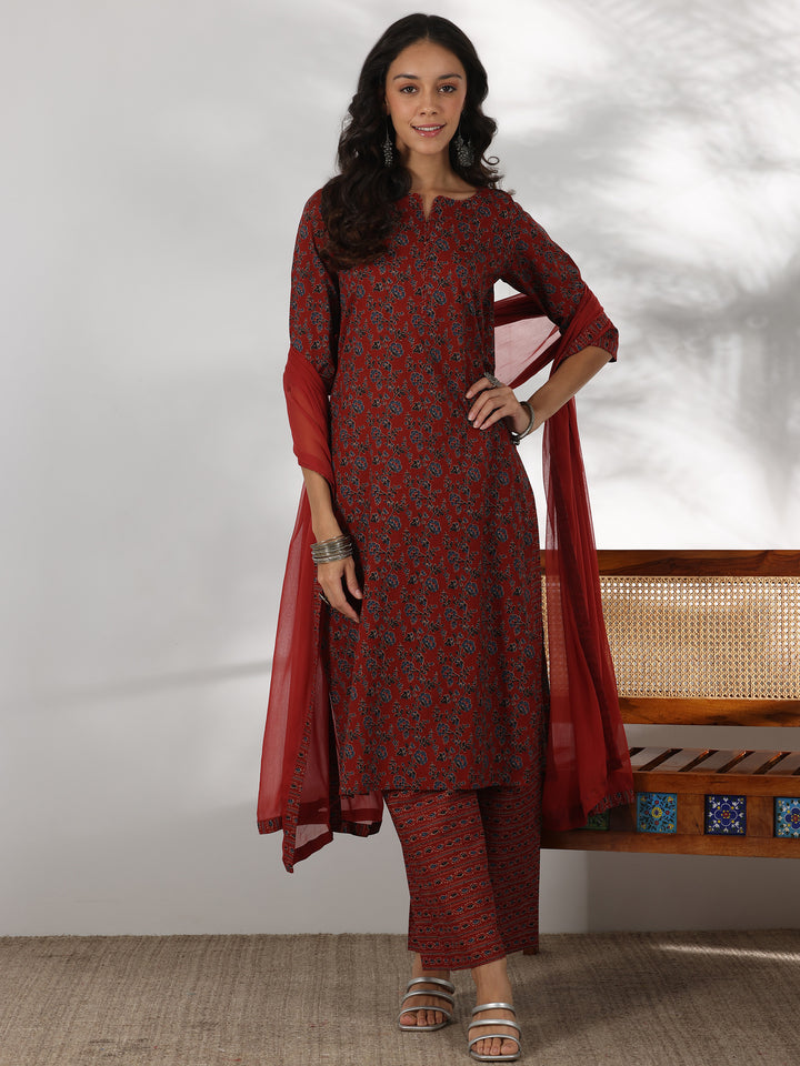 Rust Printed Cotton Straight Suit With Dupatta