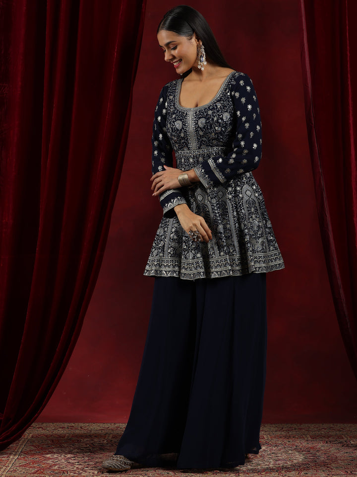 Libas Art Blue Embroidered Georgette Anarkali Suit With Dupatta