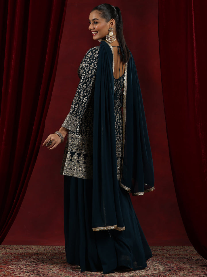 Libas Art Blue Embroidered Georgette A-Line Kurta With Palazzos & Dupatta