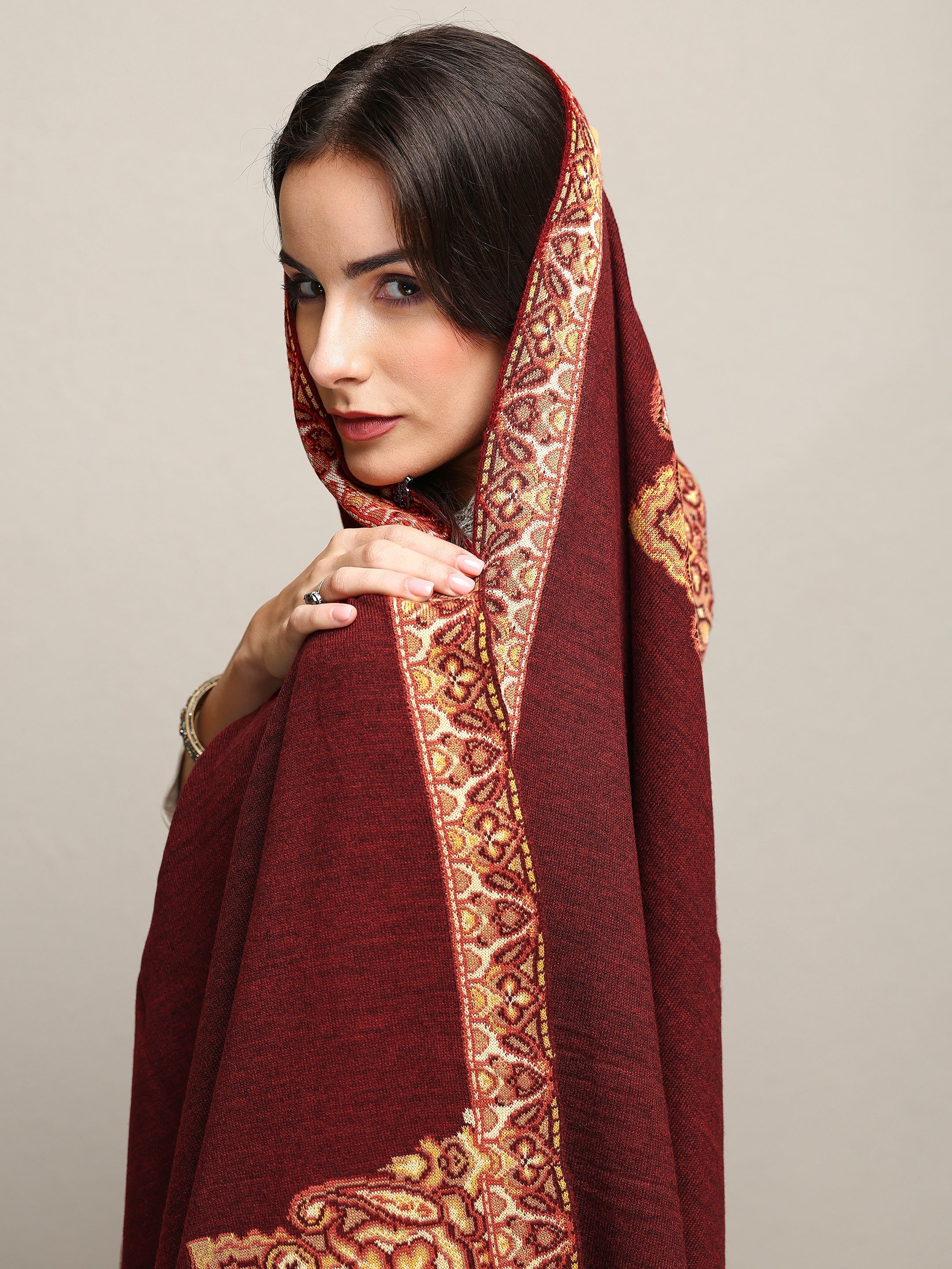 Buy Maroon Woven Design Wool Wrap Shawl Online in France at $47.38
