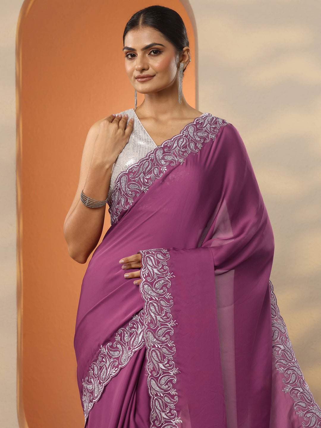 Mauve Solid Satin Saree With Unstitched Blouse Piece