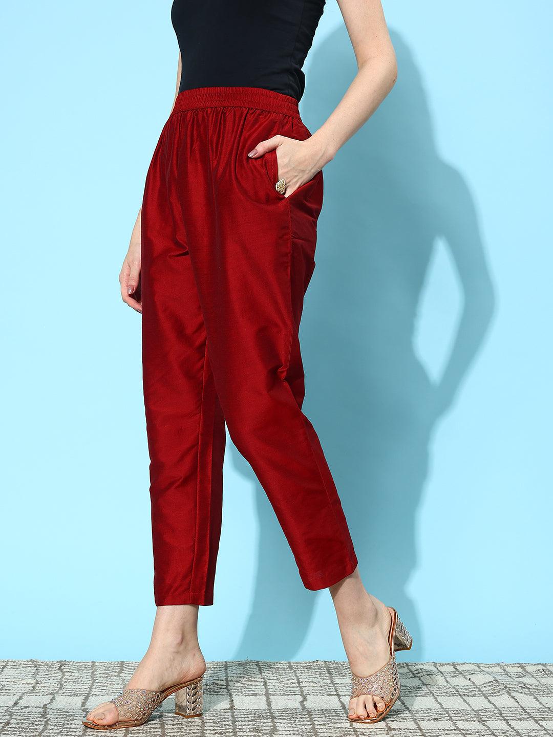 Maroon Solid Silk Trousers - ShopLibas