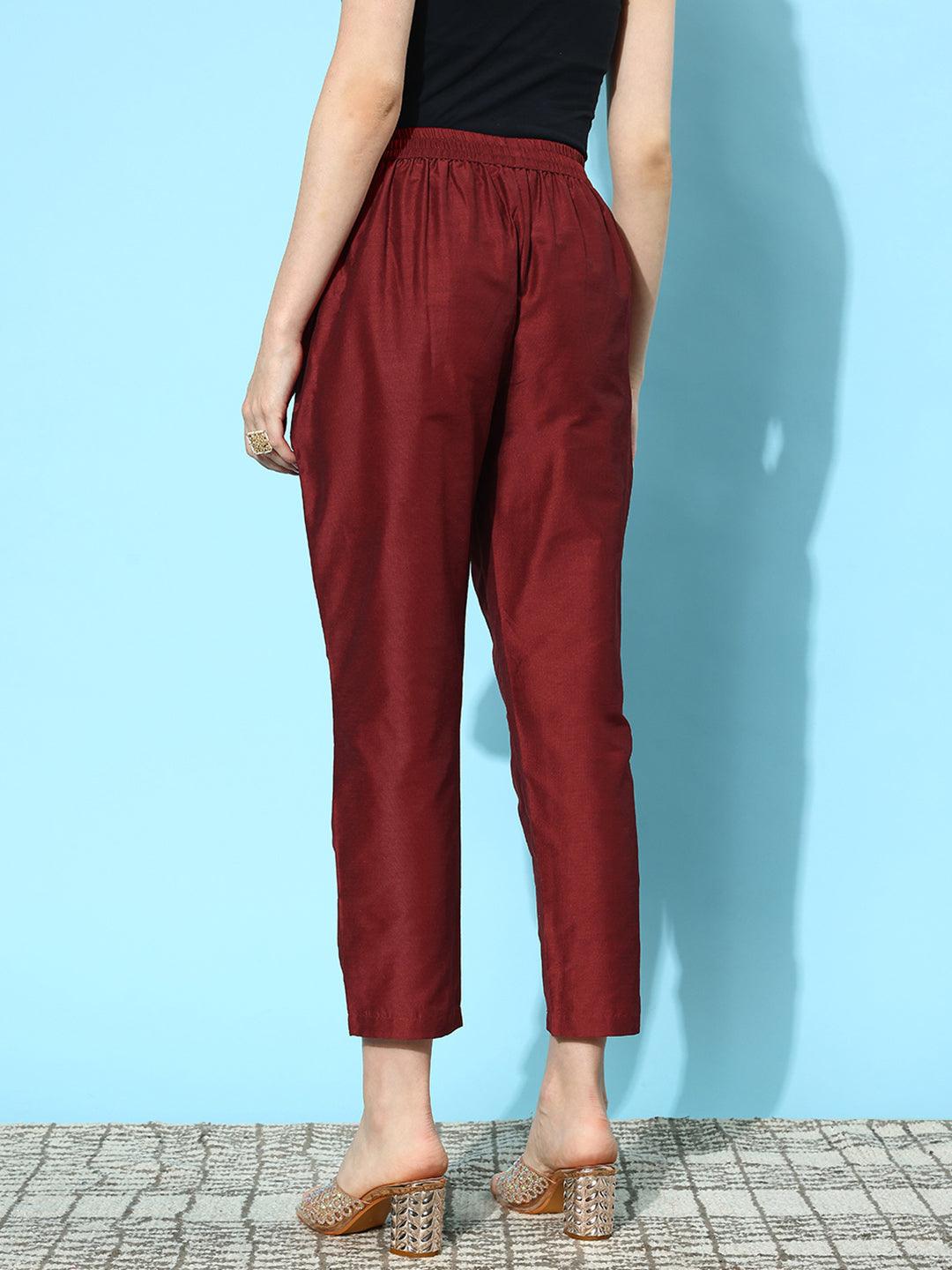 Maroon Solid Silk Trousers - ShopLibas