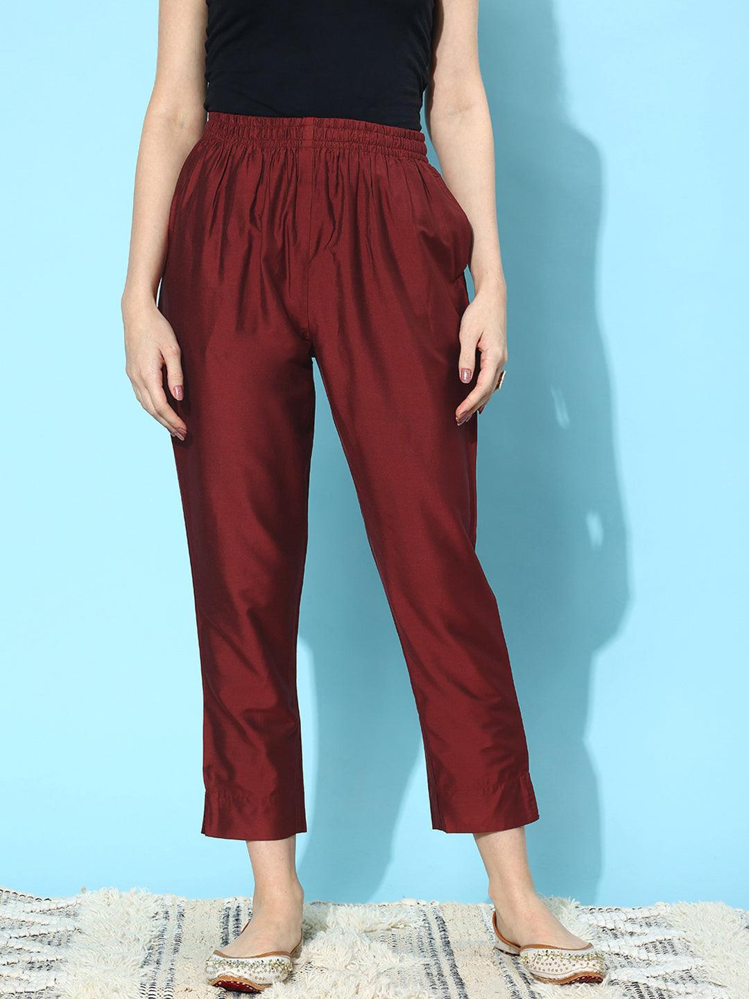 Maroon Solid Silk Trousers - ShopLibas
