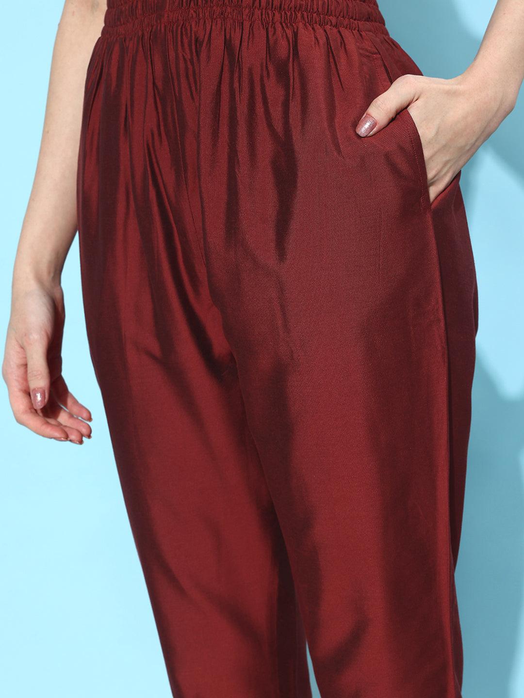 Maroon Solid Silk Trousers - ShopLibas