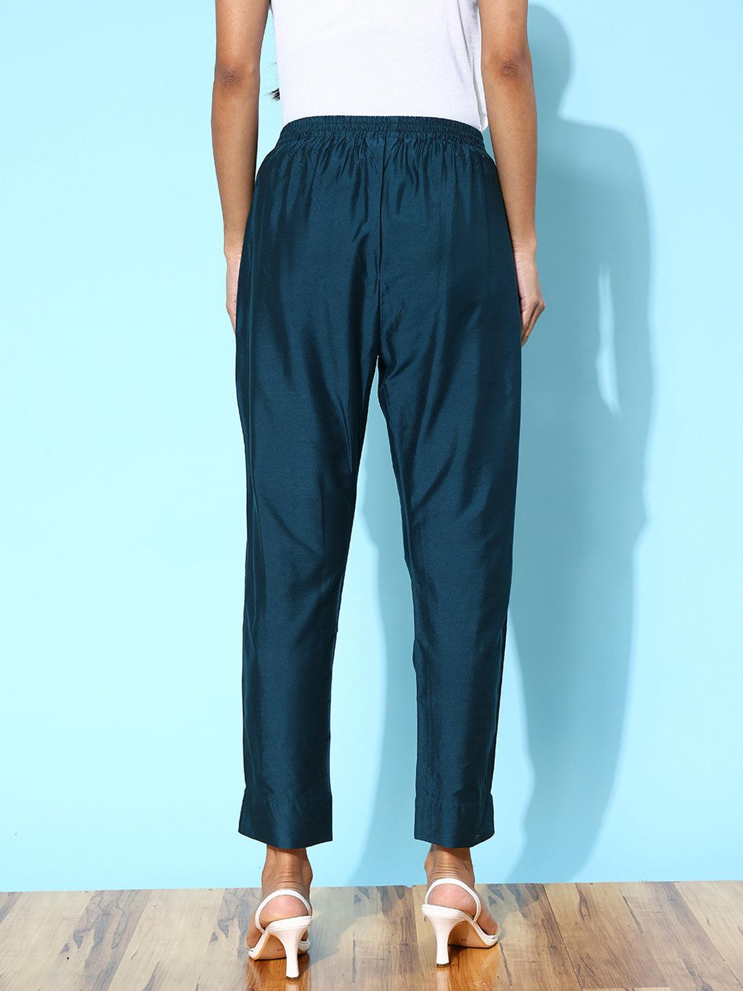 Blue Solid Silk Trousers - ShopLibas