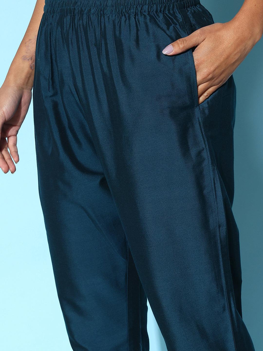 Blue Solid Silk Trousers - ShopLibas