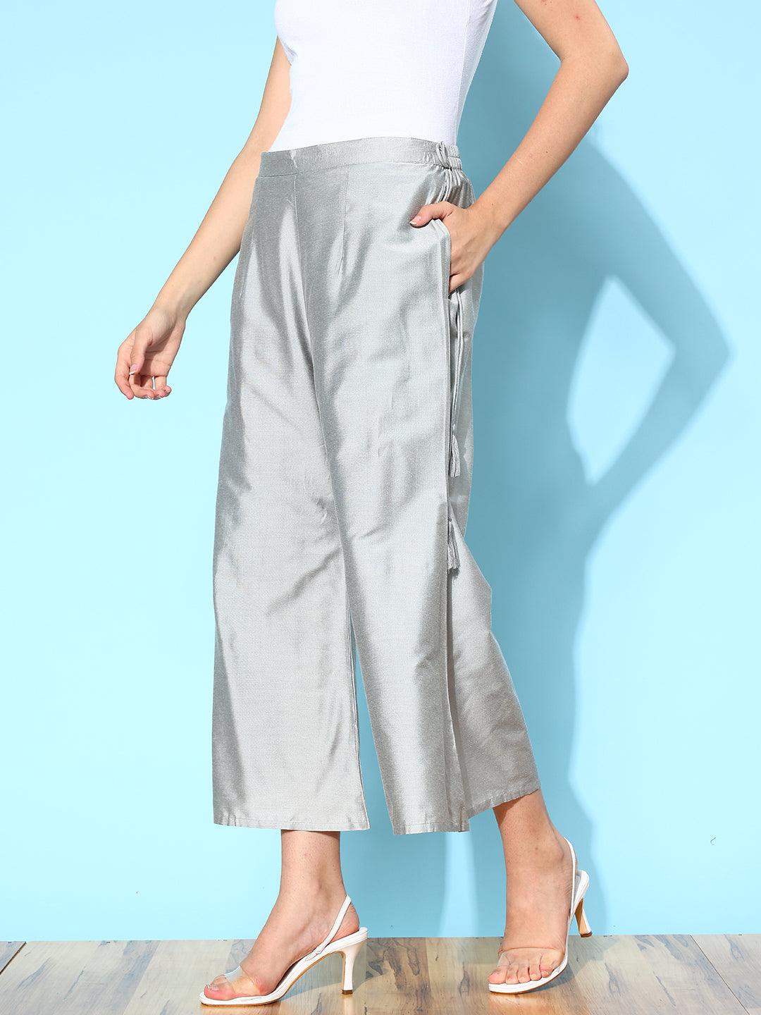 Grey Solid Silk Palazzos - ShopLibas