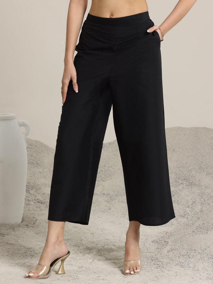 Black Solid Silk Trousers