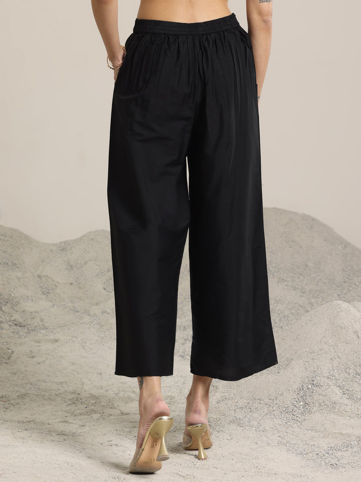 Black Solid Silk Trousers
