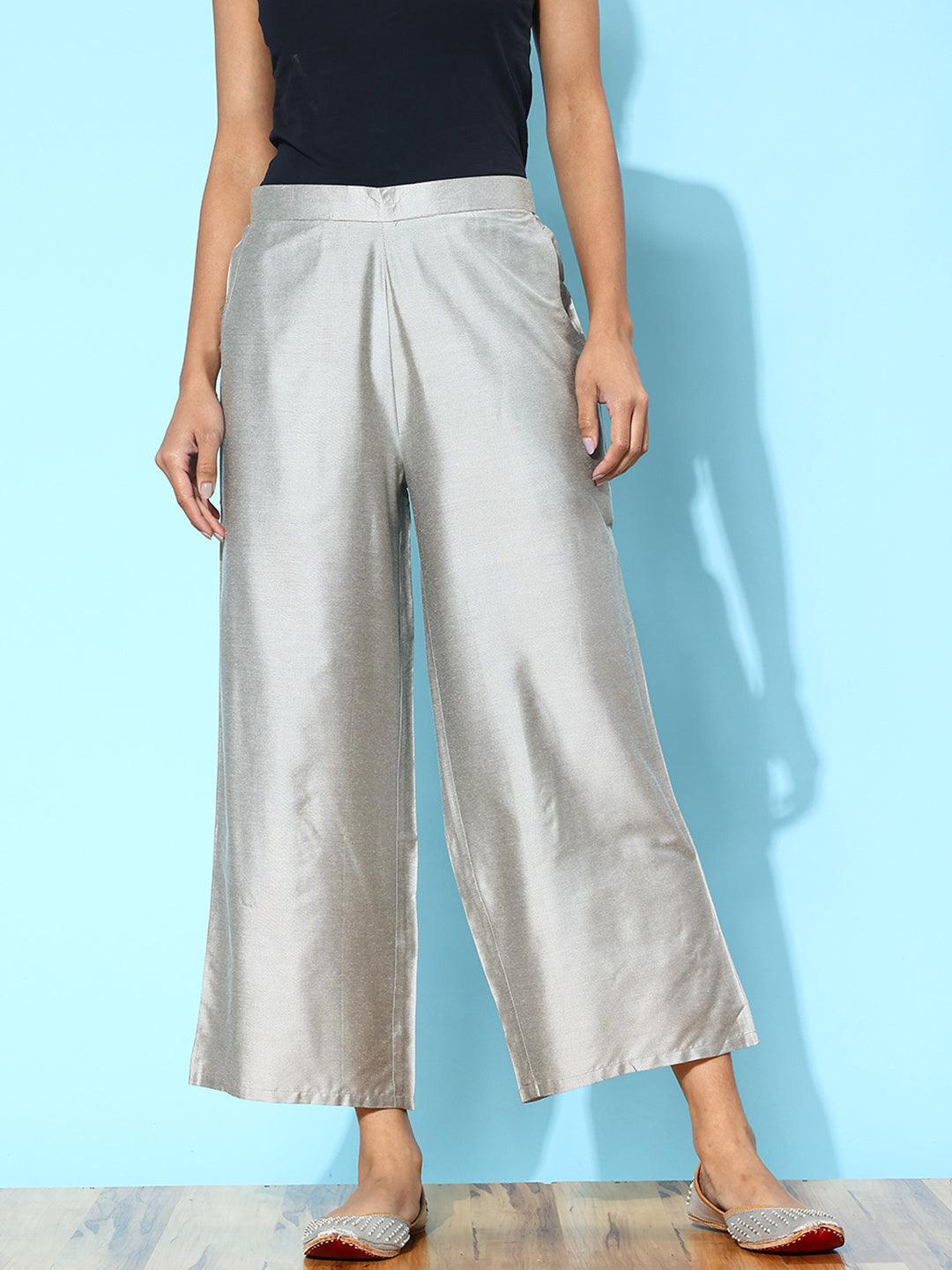 Grey Solid Silk Palazzos - ShopLibas