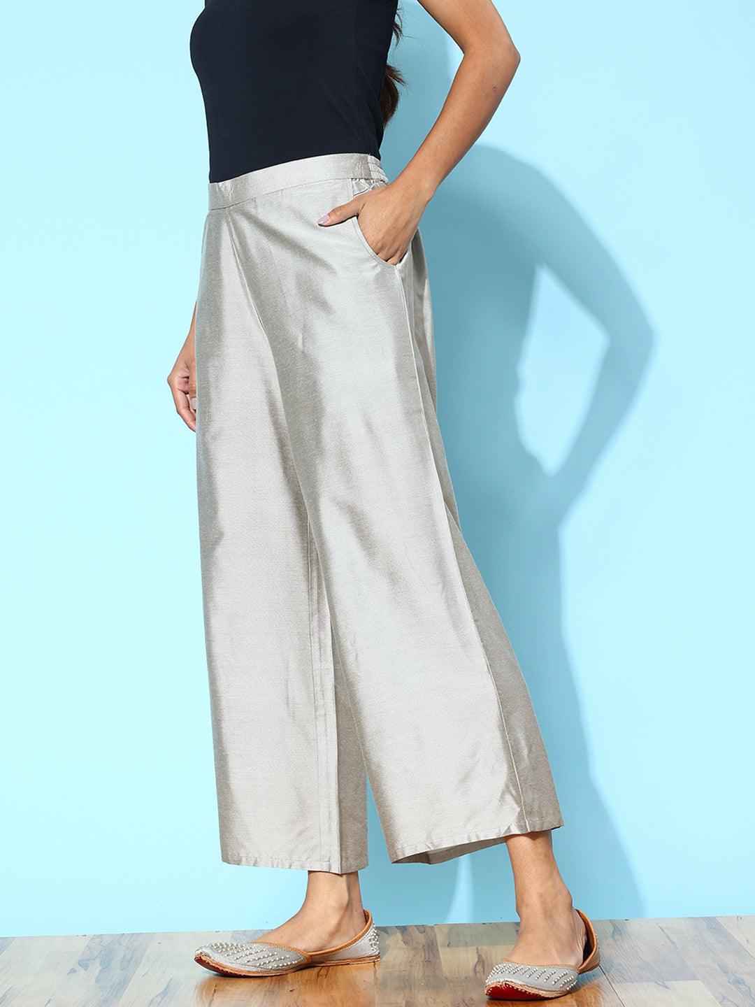 Grey Solid Silk Palazzos - ShopLibas