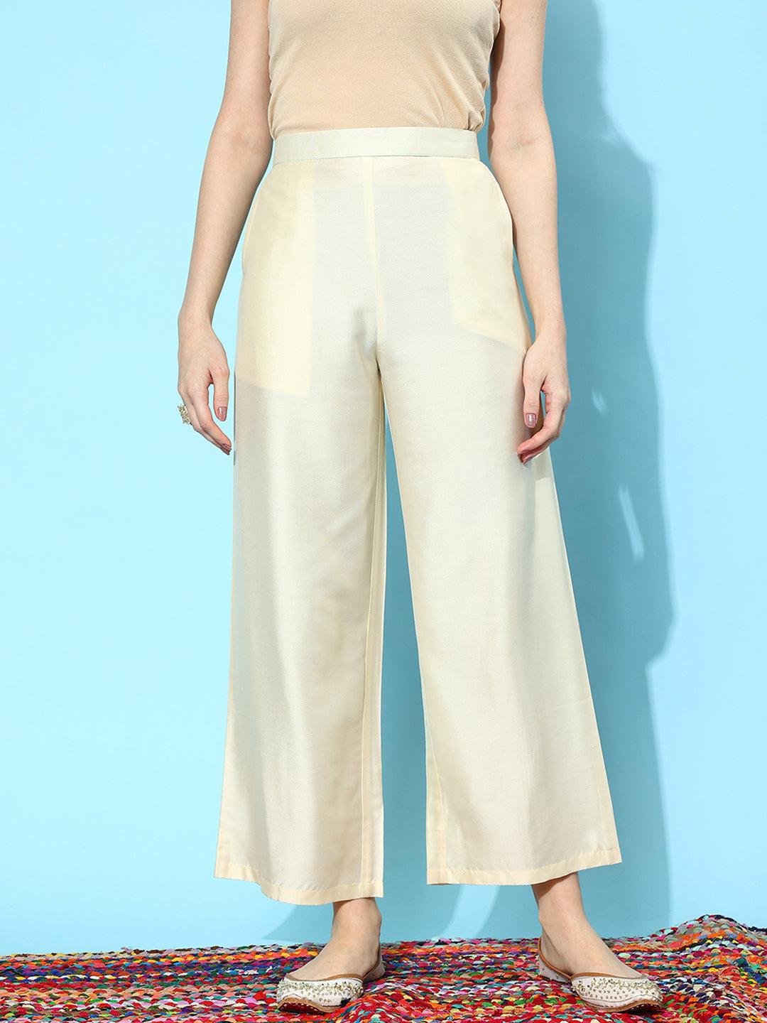 Off White Solid Silk Palazzos - ShopLibas
