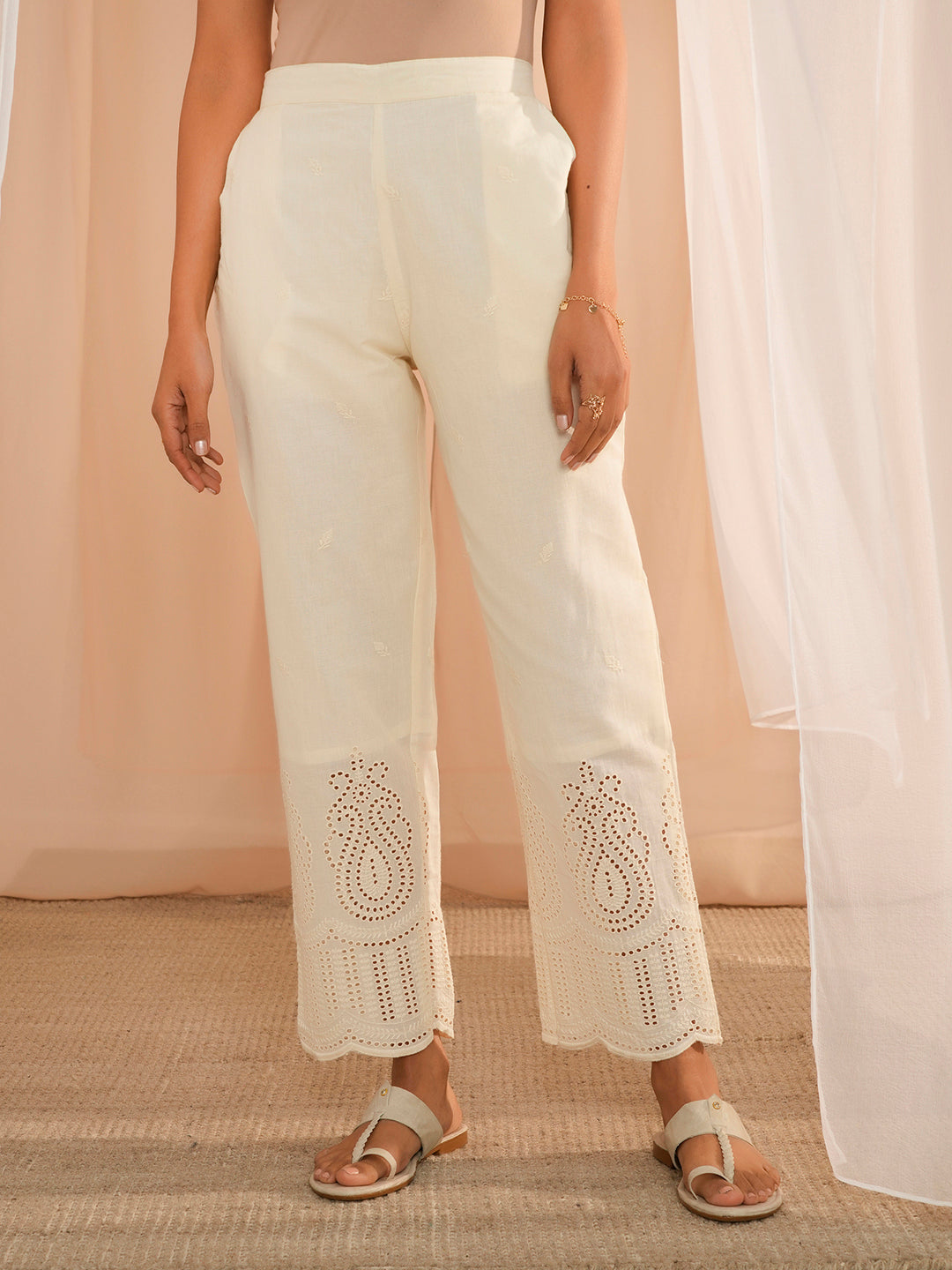Off White Embroidered Cotton Straight Fit Palazzos