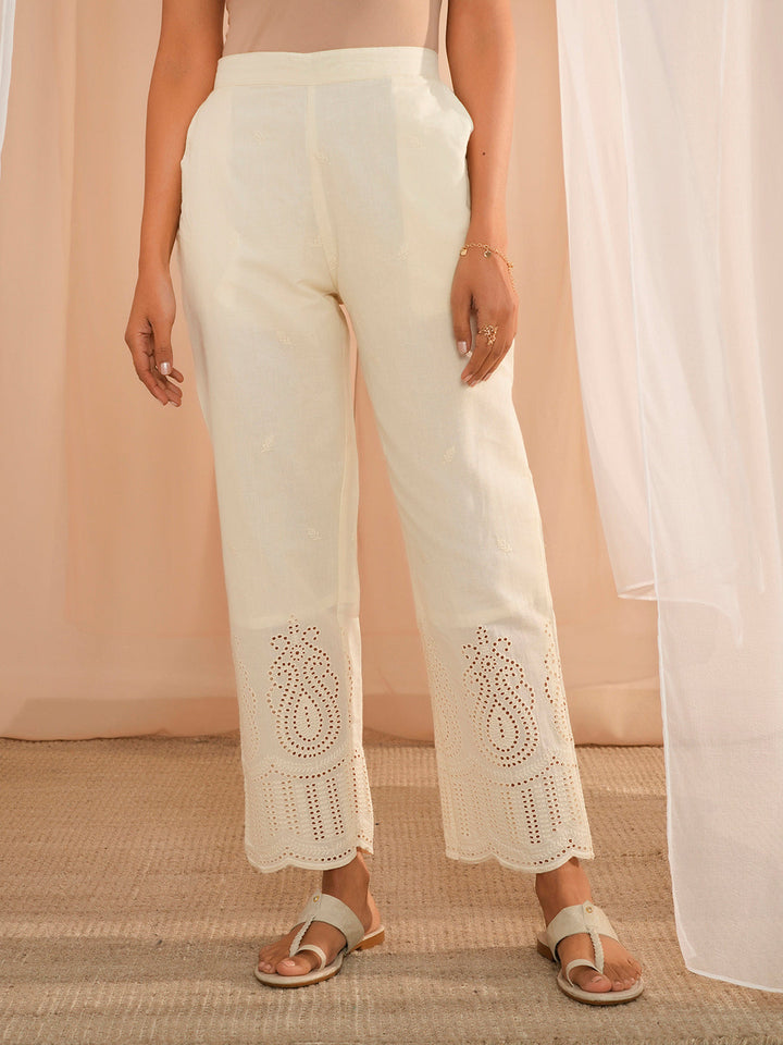 Off White Embroidered Cotton Straight Fit Palazzos