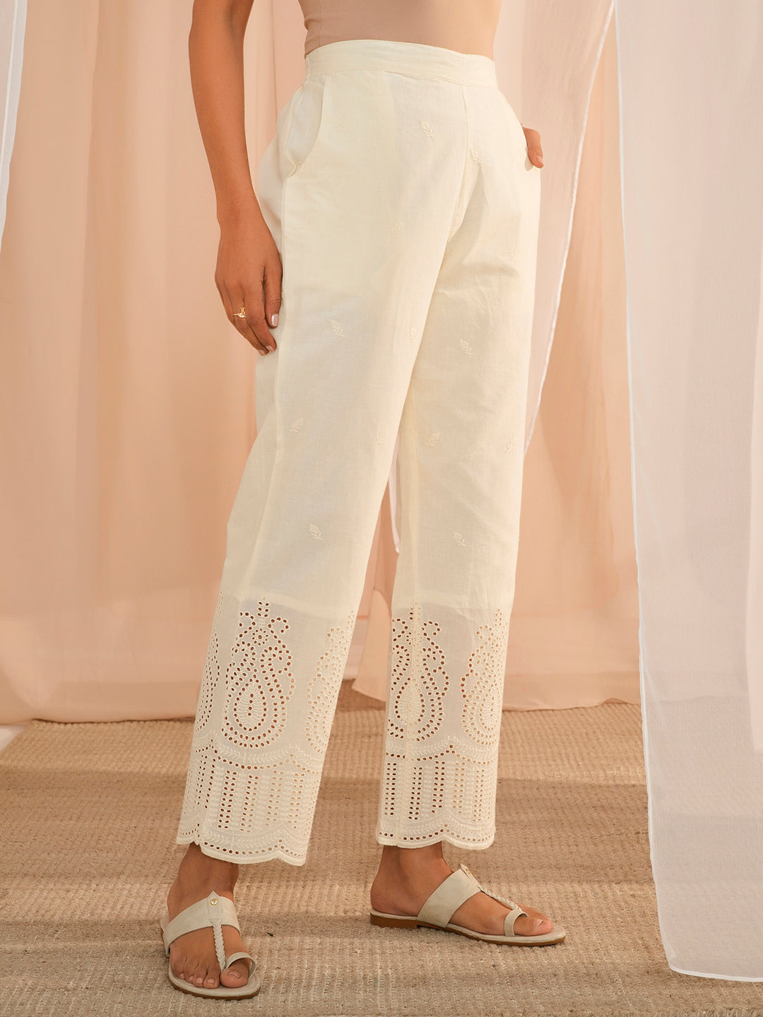 Off White Embroidered Cotton Straight Fit Palazzos