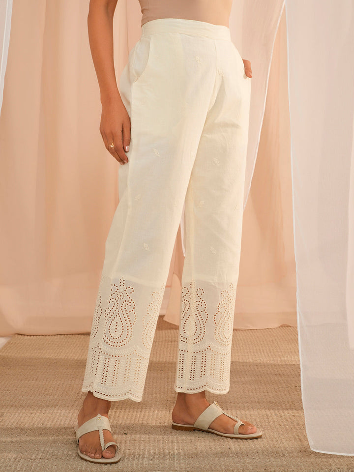 Off White Embroidered Cotton Straight Fit Palazzos