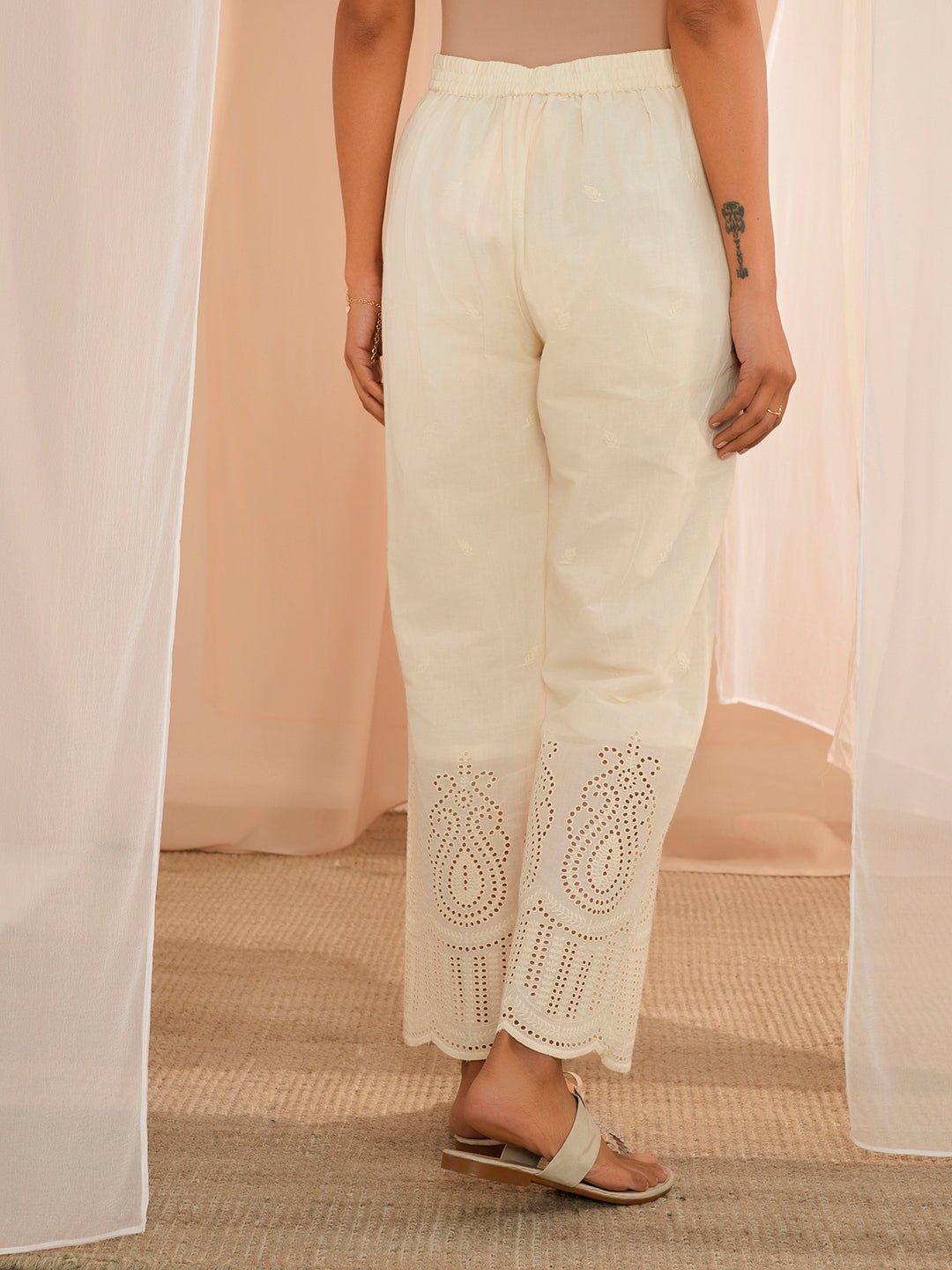 Off White Embroidered Cotton Straight Fit Palazzos