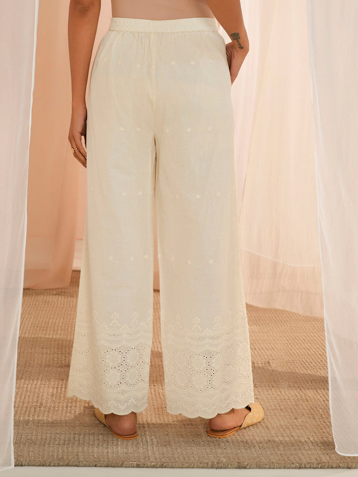 Off White Embroidered Cotton Wide Leg Palazzos