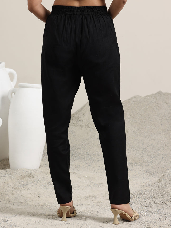 Black Solid Cotton Straight Fit Trousers
