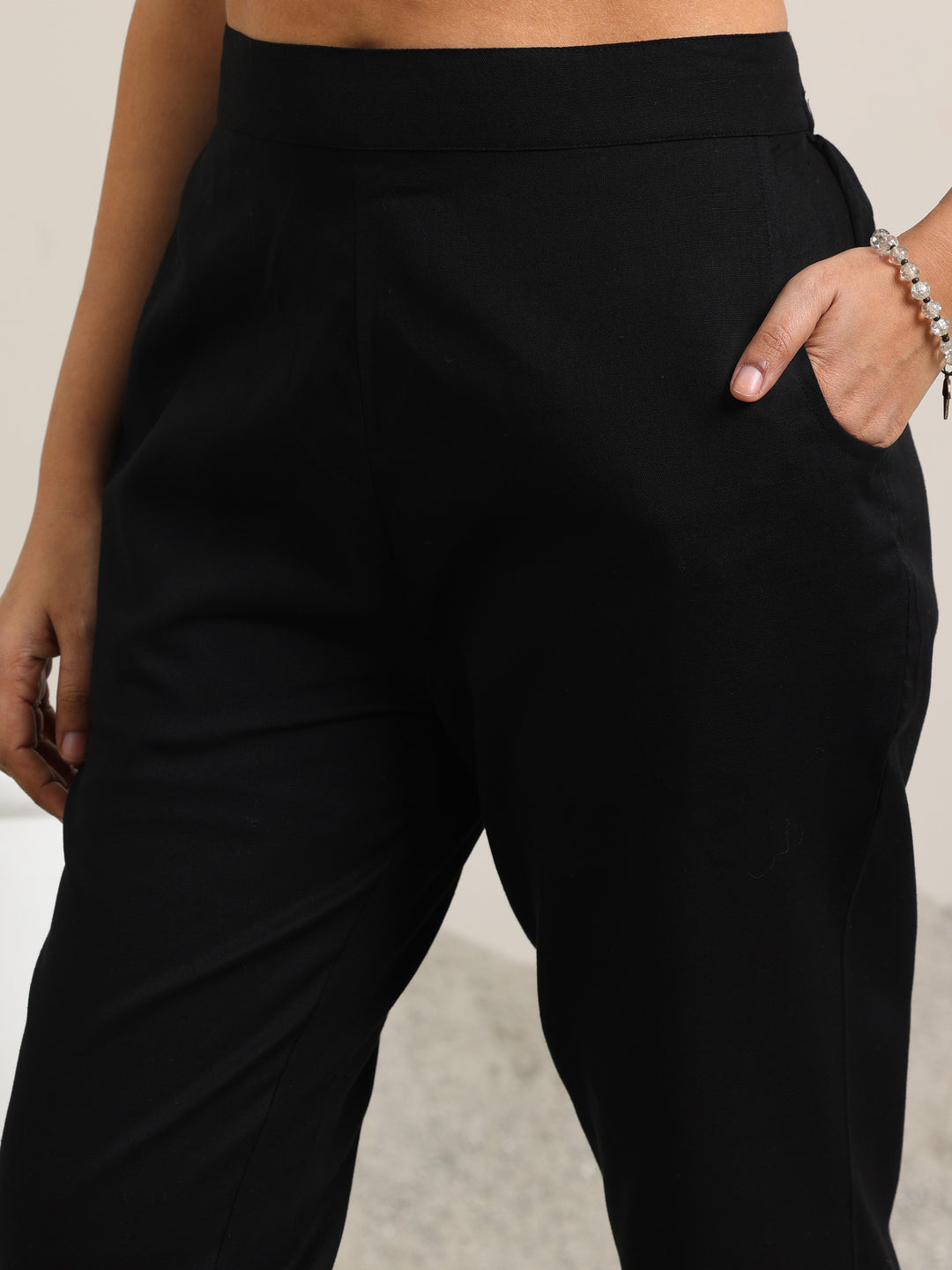 Black Solid Cotton Straight Fit Trousers