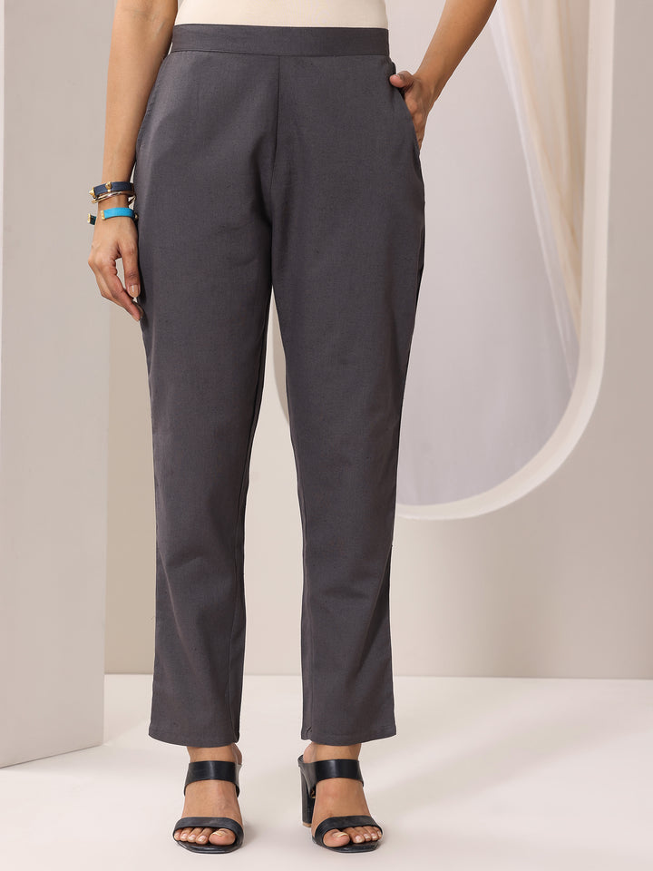Grey Solid Cotton Trousers
