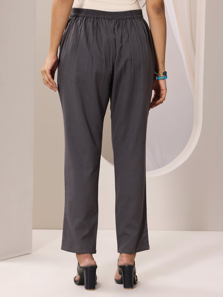 Grey Solid Cotton Trousers