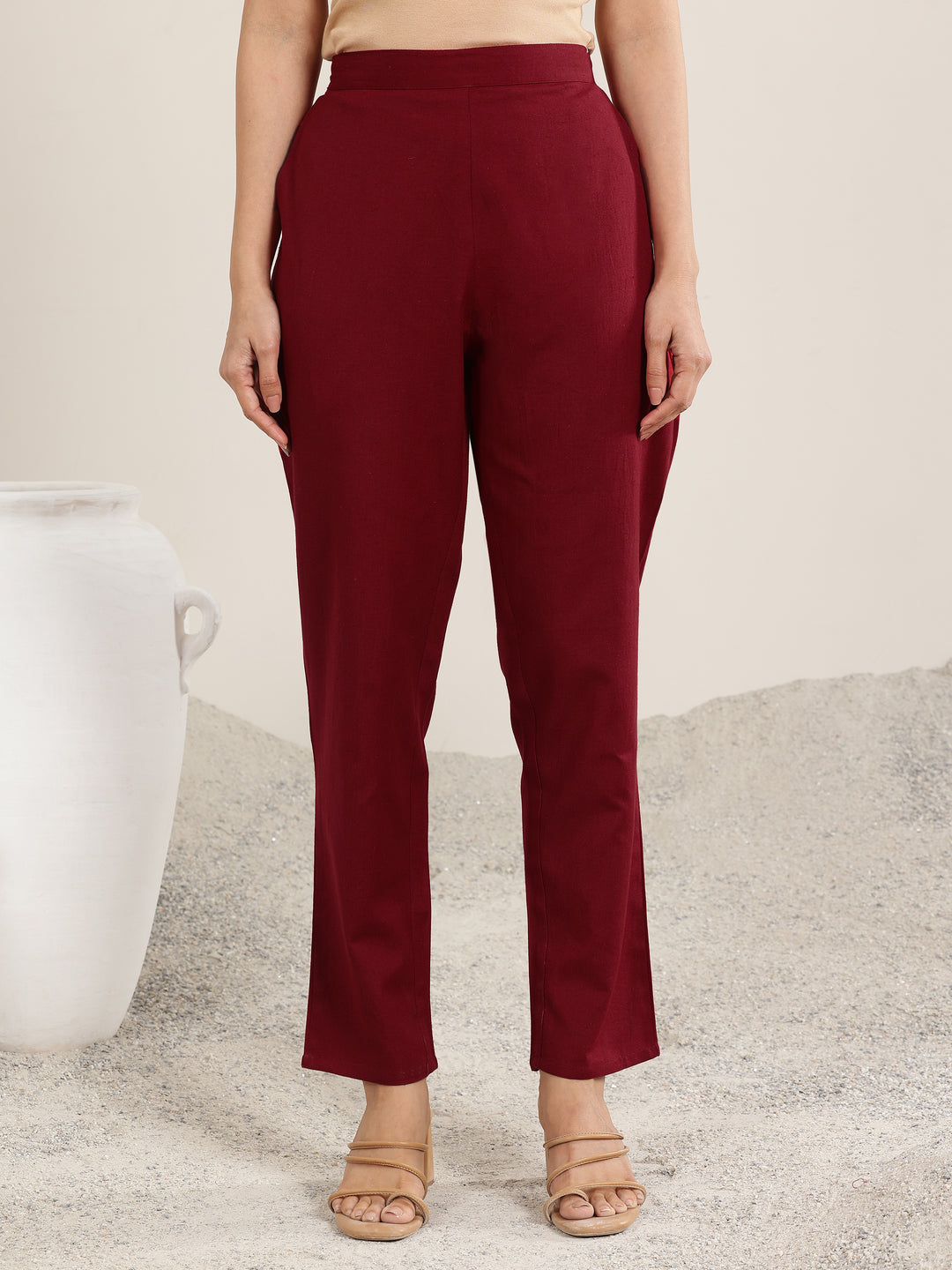 Red Solid Cotton Trousers