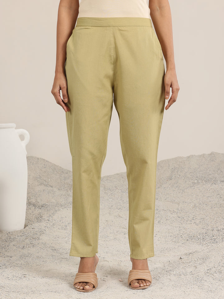 Beige Solid Cotton Trousers