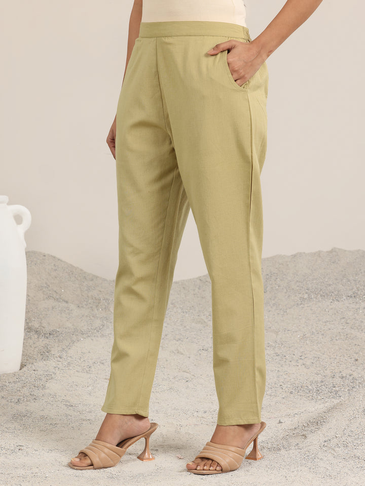 Beige Solid Cotton Trousers