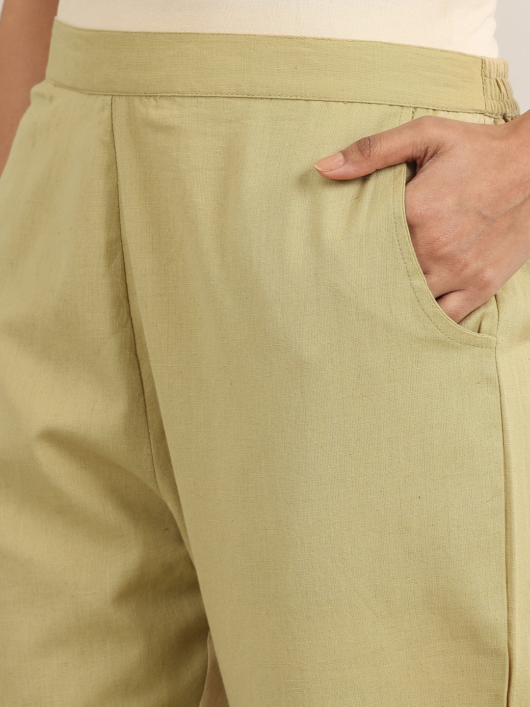 Beige Solid Cotton Trousers