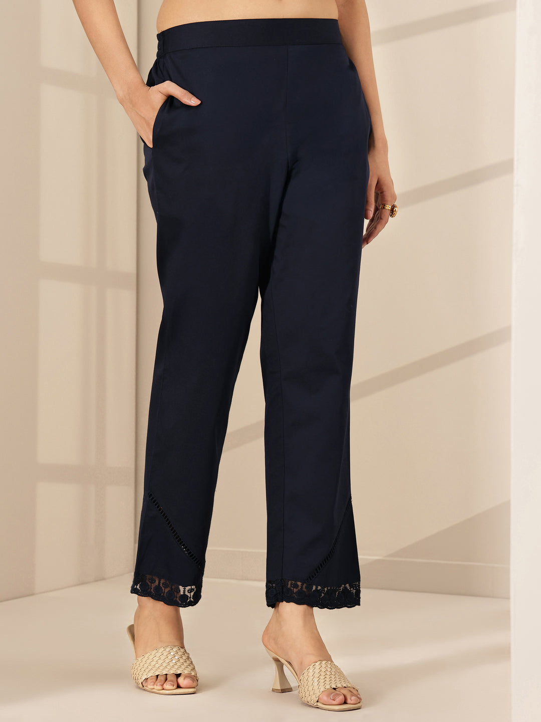 Blue Self Design Cotton Trousers