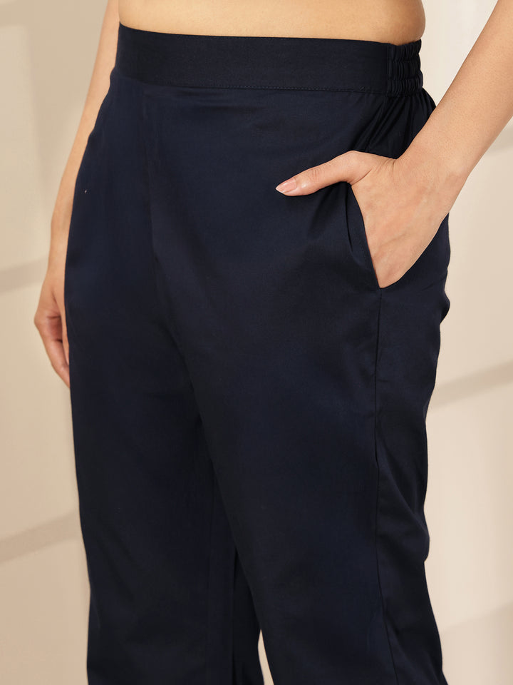 Blue Self Design Cotton Trousers