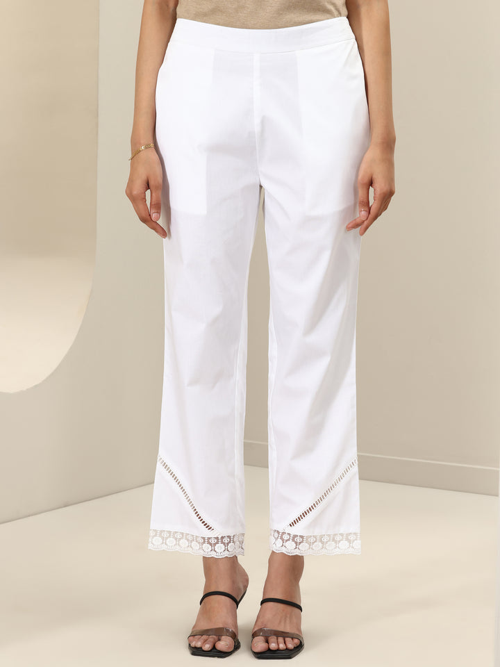 White Self Design Cotton Trousers