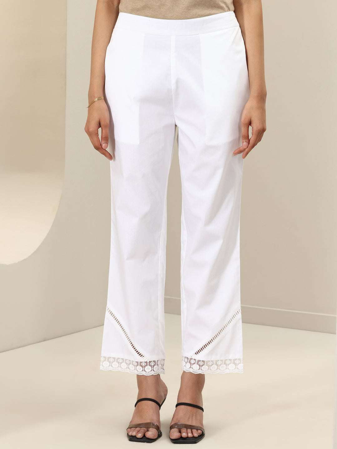 White Self Design Cotton Trousers