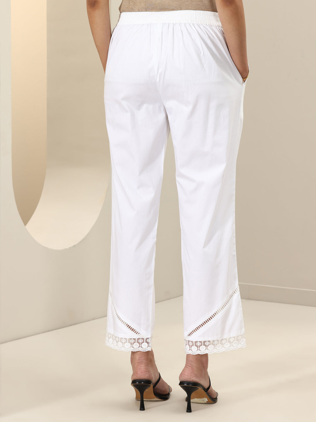 White Self Design Cotton Trousers