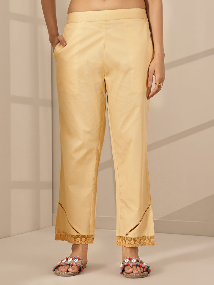 Beige Self Design Cotton Trousers