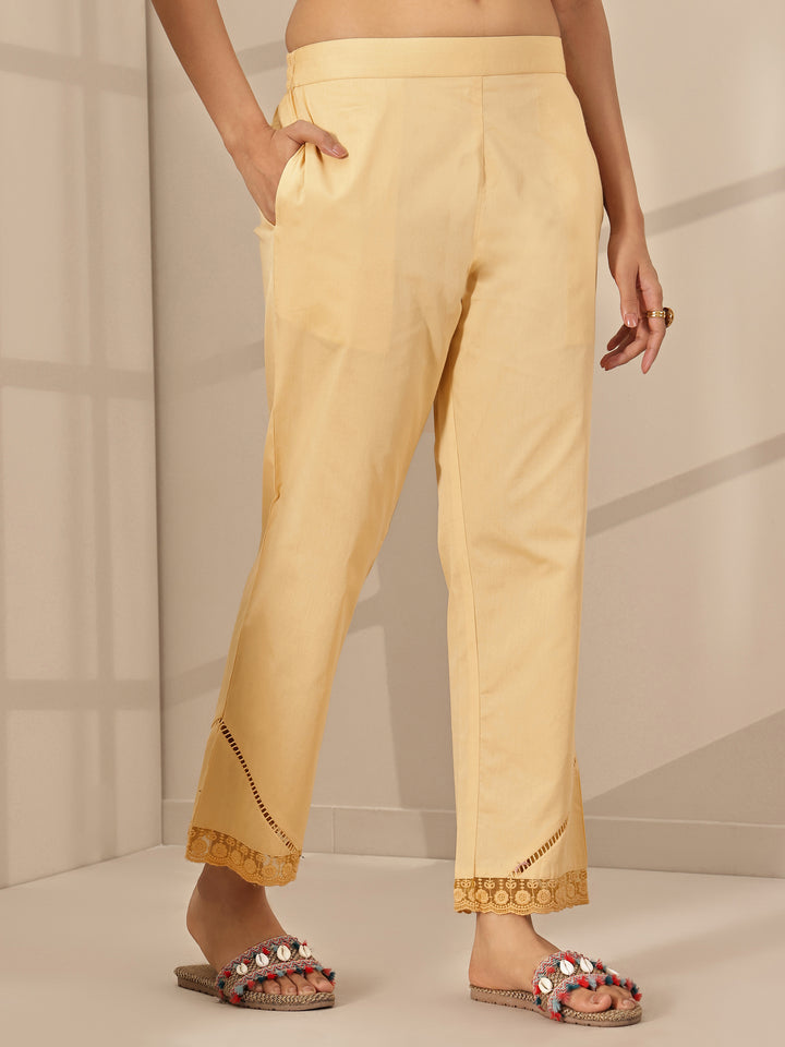 Beige Self Design Cotton Trousers